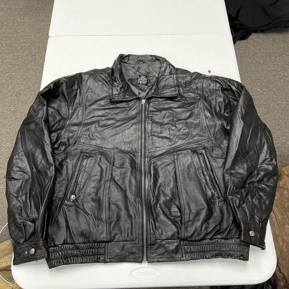 outbrook Leather Bomber Jacket Mens XL Black Full Zip Quilted Lined Pockets